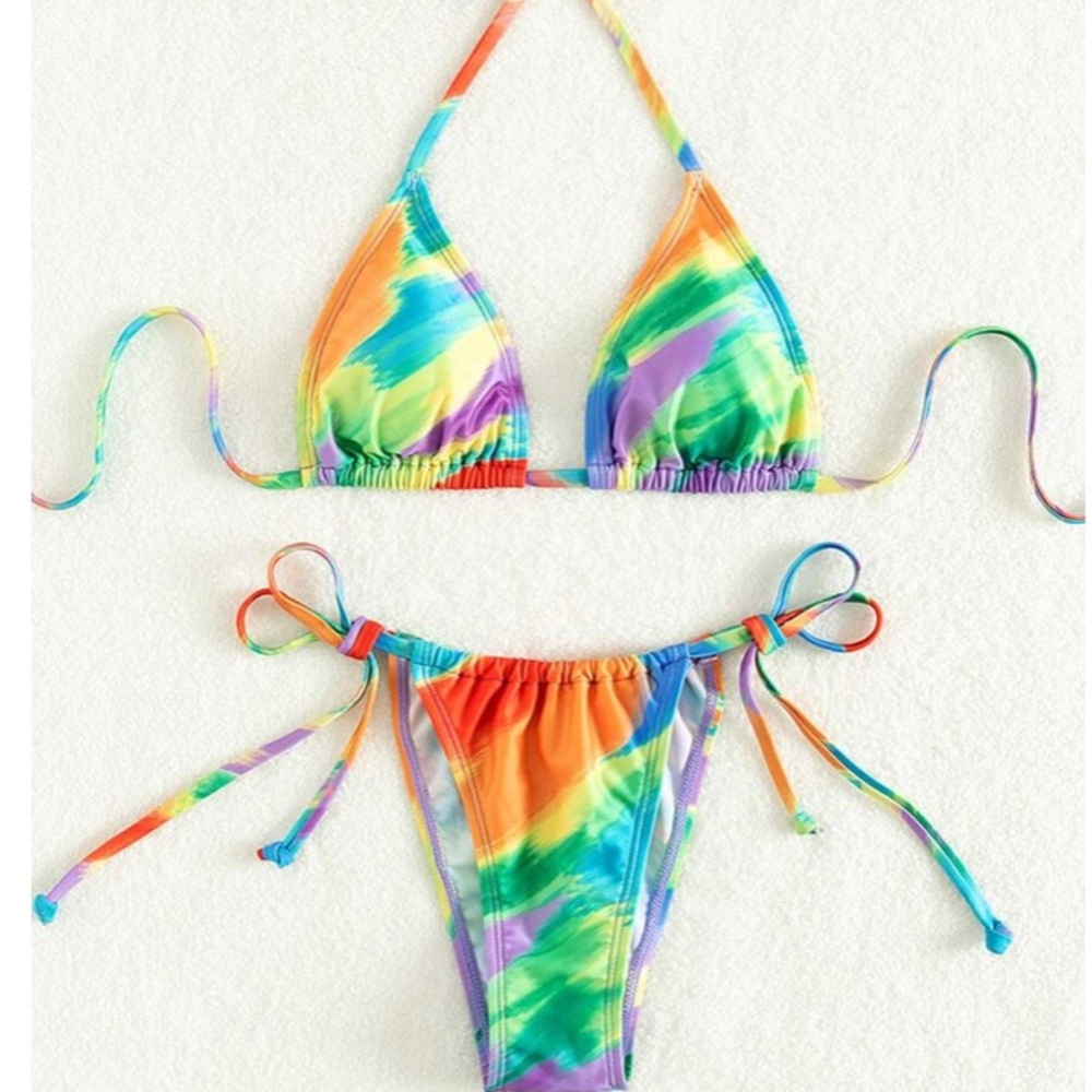 Multicolor Blue Yellow Halter Lined Brazilian Bikini New - Picture 3 of 13
